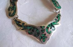 SALE Taxco Necklace  Vintage Taxco Sterling Silver by JanEleven, $225.00 Green Engraved Necklace For Collectors, Green Sterling Silver Art Deco Jewelry, Green Pendant Necklace With Inlay, Ornate Turquoise Jewelry For Collectors, Handmade Vintage Green Turquoise Necklace, Green Inlay Necklace As Gift, Elegant Green Jewelry With Inlay, Green Round Inlay Jewelry, Vintage Turquoise Engraved Necklace