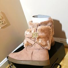 G By Guess Ggallio , Light Pink Fuzzy Faux Fur, Boots With Gold And Diamond Embellishments Faux Fur Boots, Guess Shoes, Fur Boots, Fur Trim, Winter Boots, Bootie Boots, Light Pink, Embellishments, Faux Fur