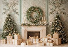 christmas decorations and presents in front of a fireplace with wreaths on the mantel