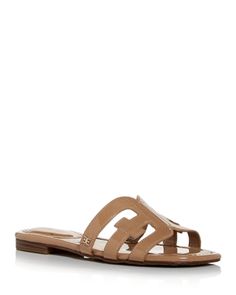 Sam Edelman Women's Bay Slide Sandals Classic Tan Sandals For Spring, Classic Tan Sandals For Summer, Luxury Tan Sandals For Spring, Spring Tan Sandals With Single Toe Strap, Designer Almond Toe Sandals For Summer, Tan Slip-on Sandals For Spring, Tan Flat Sandals For Spring, Tan Flat Heel Sandals For Spring, Flat Tan Sandals For Spring