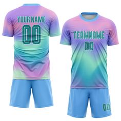 a soccer jersey with the name teamname 00 on it and shorts in blue, green,