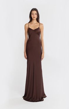 Brown Grad Dress, Brown Long Dress, Stolen Stores, Brown Dresses Formal, Dark Brown Dress, Satin Silk Dress, V Neck Maxi Dress, Brown Dresses, Dresses Formal Elegant