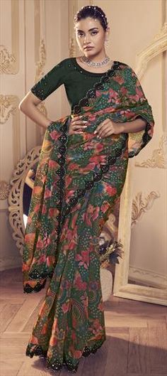 Green color Saree in Silk fabric with Border, Sequence, Zircon work Multicolor Floral Print Saree For Reception, Multicolor Floral Print Dupatta For Reception, Green Floral Print Dupatta For Reception, Green Bohemian Dupatta For Reception, Green Wedding Dupatta With Printed Motifs, Green Printed Wedding Dress, Wedding Multicolor Floral Print Saree, Green Wedding Dress With Printed Motifs, Festive Multicolor Wedding Fabric