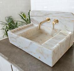 a marble sink with two faucets on the side and a potted plant behind it