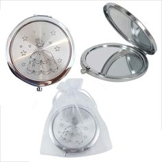 two compact mirrors and a clear bag on a white background, one with a silver lid