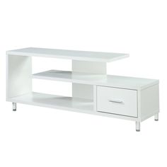 a white tv stand with two drawers on one side and an open drawer on the other