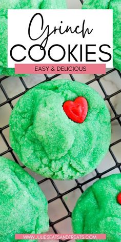 green cookies with red heart on top and text overlay