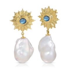 Indulge in the celestial allure of the evening sky and exude grace wherever you venture with our baroque pearl drop earrings. Adorned with exquisite blue mother of pearl for an ethereal radiance. 14k gold plated brass Genuine Baroque Pearls (each pearl is unique and we try to match them in a pair, but please note no 2 are exactly alike adding to the natural beauty) Mother of Pearl Earrings are roughly 1 5/8 inches (42mm) long Questions about Shipping & Returns? Blue Gemstone Luxury Pearl Earrings, Luxury Blue Gemstone Pearl Earrings, Blue Luxury Pearl Earrings With Gemstone, Luxury Blue Pearl Drop Earrings, Blue Baroque Pearl Jewelry With Pearl Drop, Luxury Blue Pearl Drop Jewelry, Blue Drop Pearl Earrings With Pearl Charm, Luxury Blue Jewelry With Pearl Drop, Blue Pearl Earrings With Pearl Charm