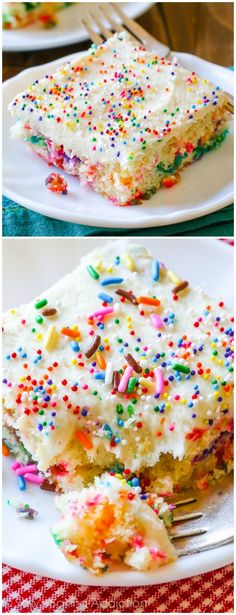 a piece of cake with sprinkles is on a plate next to a fork