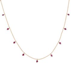 This stunning, modern station necklace features rubies totaling 0.65 carats. Perfect for wearing solo or layering with others. Diamonds Direct, Ruby Necklace, Station Necklace, Jewelry Creation, Gold And Silver, Layering, Ruby, Diamonds, Gems