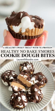 there is a plate with some cookies on it and the words healthy no bake s'mores cookie bites