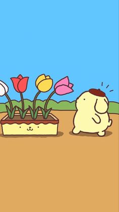 an animated image of a cat looking at tulips in a flower pot on the ground