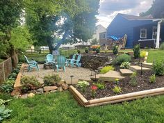 a backyard with chairs and landscaping in the back yard, next to a blue house