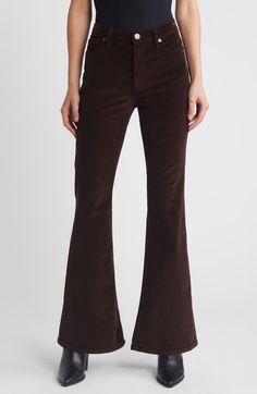 "Find FRAME Le Easy Flare Corduroy Flare Jeans on Editorialist. Stretchy corduroy in a chocolate-brown hue brings an indulgent look and feel to these full-length flare jeans. 31\" inseam; 22\" leg opening; 11\" front rise; 14 1/2\" back rise (size 29) Zip fly with button closure Five-pocket style 71% cotton, 22% rayon, 6% elasterell-p, 1% elastane Machine wash, dry flat Made in Turkey" Corduroy Jeans, Free Fabric, Chocolate Brown, Bottoms Pants, Jeans Pants, Flare Jeans, Espresso, Womens Bottoms, Full Length