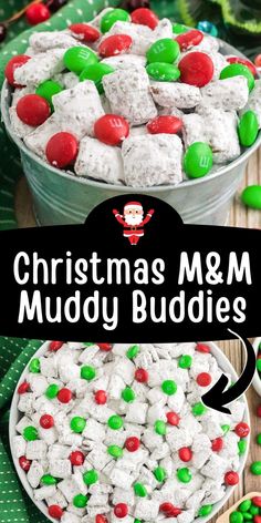 christmas m & m muddy buddies recipe in a bowl