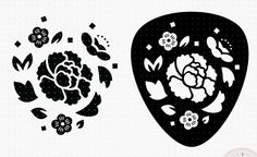 a black and white guitar picker with flowers on the side, next to an image of