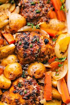 chicken, potatoes and carrots in a casserole dish