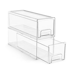 three clear plastic drawers stacked next to each other on top of each other in front of a white background