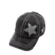 Color: Black With White Stitching Style: Distressed Washed Denim Ponytail Opening Adjustable Velcro Closure Fabric: 100% Cotton Condition: New Trendy Distressed Baseball Cap, Trendy Distressed Black Baseball Cap, Ponytail Baseball Cap, Glitter Stars, Washed Denim, Black Glitter, Denim Wash, Baseball Cap, Outfit Ideas