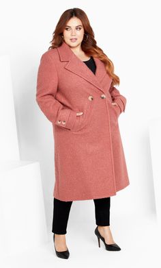 Elevate your outerwear game with the Ella Coat, featuring a classic lapel and collared neckline for a timeless look. The full-length sleeves with dual button cuff feature add a touch of sophistication, while the double-breast front closure and functional side pockets combine style and practicality. With its relaxed fit and below-knee length hemline, this fully lined coat is the perfect addition to your winter wardrobe. Key Features Include: - Classic lapel and collared neckline - Full length sle Plus Size Coats For Women, Black Dress And Boots, Coats For Women Winter, Lapel Design, Knitwear Style, Plus Size Outerwear, Plus Size Coats, Winter Adventure, Fall Shopping