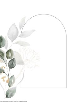 a white background with green leaves and a gold border on the bottom right corner is an oval shaped frame