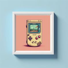 an old nintendo gameboy sitting on top of a blue wall next to a white frame