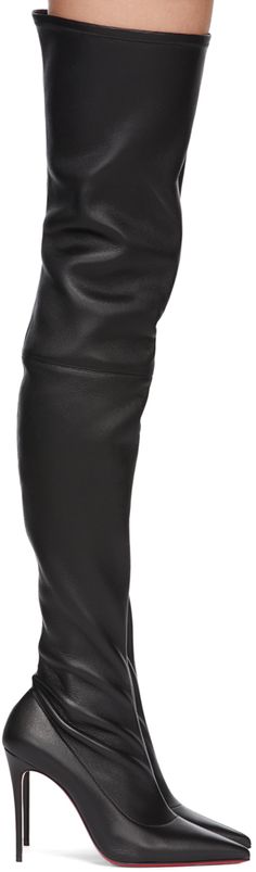 Thigh-high buffed calfskin boots in black. · Pointed toe · Zip closure at inner side · Covered stiletto heel · Signature red leather sole · Tonal hardware · Heel: H4 in Supplier color: Black | Christian Louboutin Black Kate Botta 100mm Tall Boots Stretch Thigh High Boots, Amina Muaddi, Thigh Boot, Thigh High Boots, Tall Boots, Thigh High, Stiletto Heel, Thigh Highs, Luxury Streetwear