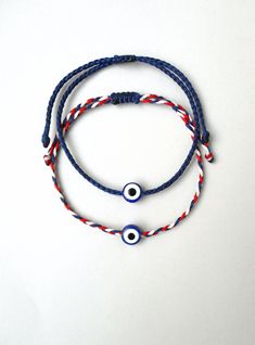 Sailing bracelet, Evil eye bracelet, Navy blue, Sailors bracelet, Red white and blue, braided bracelet, Nautical bracelet, Husband gift Item handmade with macrame knotting techniques with high quality waxed macrame threads. Eye size: 10mm If you need a specific wristband size, let me know after the purchase, i will make one just your size. You can adjust the length tanks to an adjustable clasp, and making it easy to take on and off. Can be worn in water. The multitoned thread is machine waxed fo Sailing Bracelet, Sailor Bracelet, Macrame Thread, Bracelet Evil Eye, Nautical Bracelet, Bracelet Mens, Braided Bracelet, Minimal Jewelry, Evil Eye Bracelet