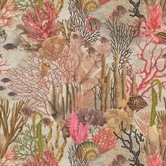 an ocean scene with corals, seaweed and other marine life on a gray background