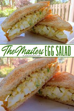 egg salad sandwich cut in half and stacked on top of each other with text overlay