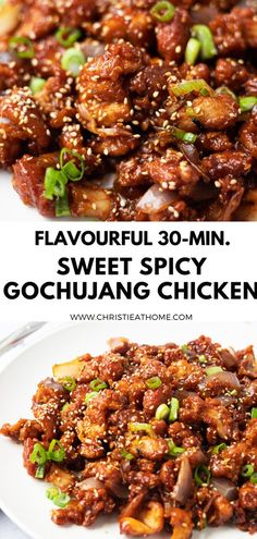 two plates filled with food and the words flavorful 30 min sweet spicy gochuang chicken