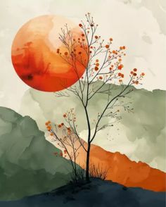 a painting of a tree with orange and green leaves in front of a red moon