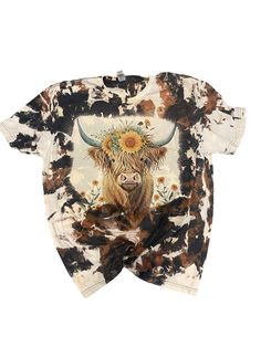 Sunflower Highland Cow Shirt - Cowhide Bleach Crewneck T Shirt Our Cowhide T-shirts and Sweatshirts are all unisex sizing. Each shirt will have its own unique beauty. Please browse photos to see a variety of how your shirt may come out! Please keep in mind, every single item is handmade. Sweatshirts are bleached and ready for your design! Quick turnaround time for an awesome gift! Sunflower Highland Cow Shirt - Cow T-shirt - Cowhide Bleach Crewneck tee shirt - Howdy Shirt -Western Wear - Cow Print Cowgirl Summer Cow Print Short Sleeve Tops, Casual Cow Print T-shirt For Summer, Casual Short Sleeve Cow Print Tops, Custom Print Tie Dye Graphic Tee, Tie Dye Graphic Tee With Custom Print, Casual Crew Neck Cow Print Tops, Casual Cow Print Crew Neck Top, Relaxed Fit Printed Tie-dye Tops, Relaxed Fit Tie Dye Printed Tops