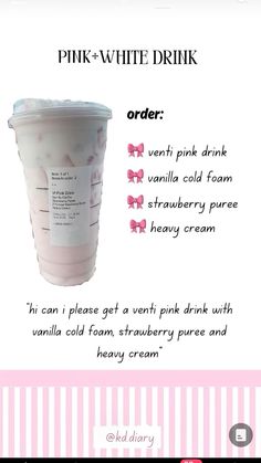 a pink and white drink is shown with information about the product in it's description