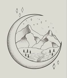 a drawing of a crescent with mountains in the background and stars above it, on top of