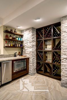 a wine rack in the middle of a kitchen