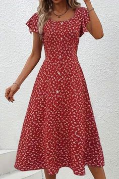 This casual mid-calf dress boasts a charming floral print, adorned with delicate button decor. Its ruffle sleeves add a touch of elegance, while the cinched waist enhances your figure. Perfect for a relaxed yet stylish look. Buttoned Beach Dress, Non-stretch Knee-length Midi Dress With Buttons, Casual Dresses With Buttons, Summer Ruched Button-up Dresses, Summer Button-up Ruched Dress, Frocks For Women Party, Mid Calf Dress, Button Decor, Frock For Women