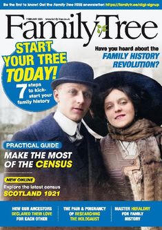 the front cover of family tree magazine with an image of a man and woman on it