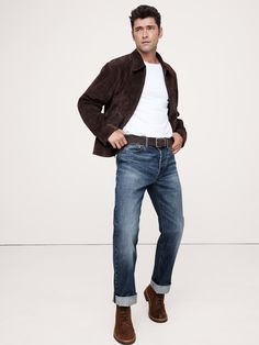 These sturdy straight-leg jeans are cut from artisanal selvedge denim in a 14oz.  weight, beloved for its rugged appeal and rich, dimensional washes that only improve with every wear.  Non-Stretch Straight Fit: Mid-rise.  Slim through the thigh, straight leg.  17" leg opening.  Denim from Italy's Candiani mill.  Button fly.  Belt loops.  Five-pocket styling.  *Inseam is 34" cuffed, 36" uncuffed.  *This style runs large.  Consider sizing down.  Straight Fit: Mid-rise.  Slim through the thigh.  St Classic Brown Jeans, Rugged Straight Leg Brown Jeans, Selvedge Straight Fit Jeans For Fall, Selvedge Jeans With Straight Hem For Fall, Classic Brown Denim Jeans, Fall Selvedge Jeans With Straight Hem, Brown Leather Straight Leg Jeans, Classic Leather Jeans With Belt Loops, Rugged Selvedge Straight Leg Jeans