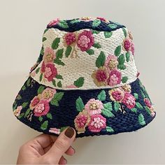 Brand New Lele Sadoughi Floral Embroidered Bucket Hat. Color: White & Navy With Pink Florals Fabric: Heavyweight Raffia Floral Embroidery Colorblock Pattern Just Overall Stunning! Great Quality. Fits A Medium Blue Spring Hats With Embroidered Logo, Spring Blue Hats With Embroidered Logo, Blue Hats With Embroidered Logo For Spring, Spring Embroidered Wide Brim Bucket Hat, Spring Embroidered Brimmed Bucket Hat, Embroidered Brimmed Bucket Hat For Spring, Embroidered Bucket Hat For Spring, Summer Hats With Multicolor Floral Embroidery, Blue Embroidered Spring Hats