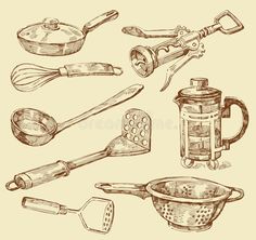 hand drawn kitchen utensils and cookware on a beige background, vintage style