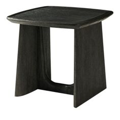 a black wooden table with one leg bent down to the side and two legs in the middle