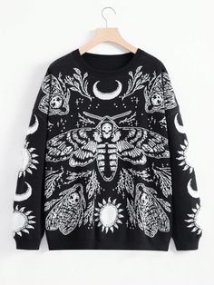 Black Casual Collar Long Sleeve Knitwear Animal,Halloween Pullovers Embellished High Stretch  Women Clothing Goth Plus Size, Long Sleeve Pullover Sweater, Drop Shoulder Sweaters, Plus Size Sweaters, Type 4, Inspiration Mode, Dream Clothes, Sleeves Pattern, Knitwear Women