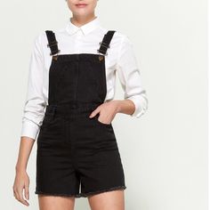 Let This Super Maje Black Denim Raw Hem Cutoff Shorts Overalls Be Your Playsuit. Pair With A Tee And Tennis Shoes. Square Neck Bib Bib Utility Pockets Side Hip Pocket Straps At Back Back Patch Pockets Extra Button Included Fitted Frayed Hem Side Zip Closure 92% Cotton 6% Polyester 2% Elastane Body, 81% Polyester 19% Cotton Pocket Lining Machine Washable Imported Fr36 = Us 2/4 Fits Tts For Most Lowest Price Listed Sorry Offers Ignored Final Sale Trendy Black Shortalls For Summer, Black Cotton Overalls Jeans, Black High-waisted Denim Overalls, Fall Workwear Shortalls, Black High Waist Casual Denim Jumpsuit, Black High-waist Denim Jumpsuit Casual, Casual Black High-waist Denim Jumpsuit, Chic Black Denim Jumpsuit, Black Overall Jeans For Work