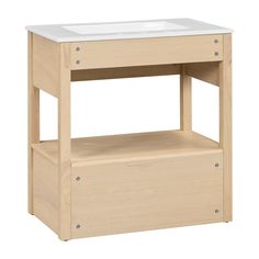 a bathroom vanity with a white sink and wooden shelf on the side, isolated against a white background