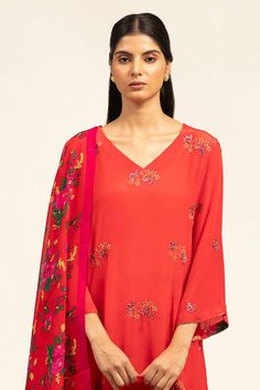 Red kurta with sequin and bead embellished star motifs. Comes with botanic printed sharara, dupatta and potli. - Aza Fashions Red Dupatta For Summer Parties, Red Georgette Palazzo Set With Dabka Work, Palazzo Set With Dabka Work For Celebration, Red Dupatta With Dabka Work, Red V-neck Sets With Zari Work, Red Straight Kurta Top For Festive Occasions, Georgette Tops With Dupatta For Festivals, Red Top For Festive Occasion And Eid, Red Salwar Kameez With Resham Embroidery For Summer