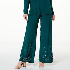 Antthony Embellished Knit Wide-Leg Pull-On Pant  Scattered, pearly detailing adds a touch of soft glamour to these ultra-flattering, ultra-comfy wide-leg pants from Antthony. Pair them with easy slip-on kicks and a fitted tee for casual cool, or dress them up with sky-high strappy heels and a silky blouse for a dreamy night-out ensemble. Dreamy Night, Silky Blouse, Urban Looks, Fitted Tee, Draped Fabric, Crochet Trim, Sky High, Pull On Pants, Strappy Heels