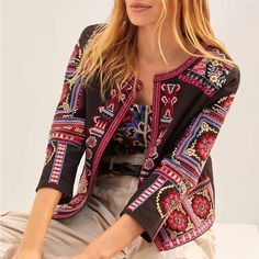 Anthropologie Embellished Boho Jacket. Super Unique Piece. Brand New With Tags, All Beading In Tact. Size Xsmall, Runs True And Fits Like On The Model. Slightly Cropped With Bracelet Length Sleeves. All Reasonable Offers Considered! Fall Fashions, Boho Jacket, Anthropologie Jacket, Looks Black, Embroidered Jacket, Luxe Fashion, 50 Fashion, Crop Jacket, Black Cotton