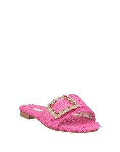 rhinestones, solid colour with appliqués, fabric inner, round toeline, flat, leather sole, contains non-textile parts of animal origin, slide sandals , Color: Fuchsia , Size: 5.5 Embellished Round Toe Flats For Summer, Embellished Open Toe Mules For Summer, Spring Embellished Sandals With Single Toe Strap, Pink Embellished Synthetic Sandals, Spring Embellished Open Toe Mules, Embellished Open Toe Mules For Spring, Party Sandals With Textured Footbed And Slip-on Design, Capri Sandals, Color Fuchsia