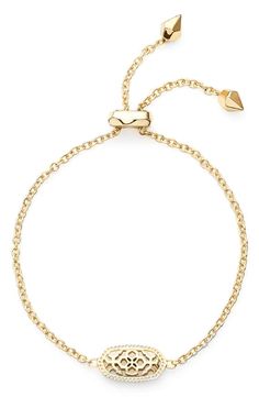 Filigree Gold | Free shipping and returns on Kendra Scott Elaina Bracelet at Nordstrom.com. Mesmerizing shimmer characterizes the elegant stone pendant at the center of this delicate bracelet. An adjustable slider lets you easily create the perfect fit. Adjustable Rose Gold Jewelry With Sliding Knot, Adjustable Sliding Knot Rose Gold Jewelry, Trendy Adjustable Gold-tone Jewelry, Chic Adjustable Jewelry, Modern Jewelry With Adjustable Band, Elegant Everyday Jewelry With Adjustable Clasp, Dainty Yellow Gold Jewelry With Sliding Knot, Trendy Gold Jewelry With Adjustable Clasp, Modern Adjustable Jewelry With Extender